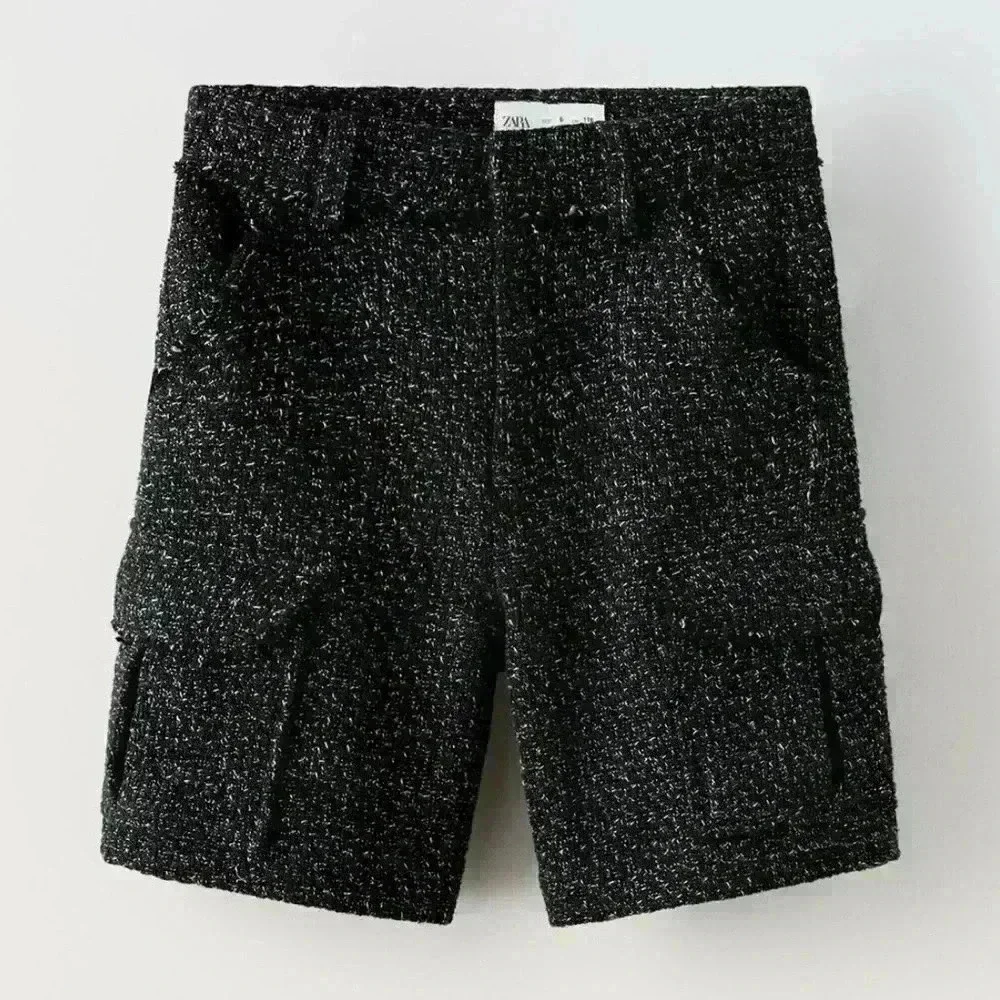 NWT Zara Girls Tweed Textured Shorts 6 Black White Cargo Pocket Bermuda Shorts